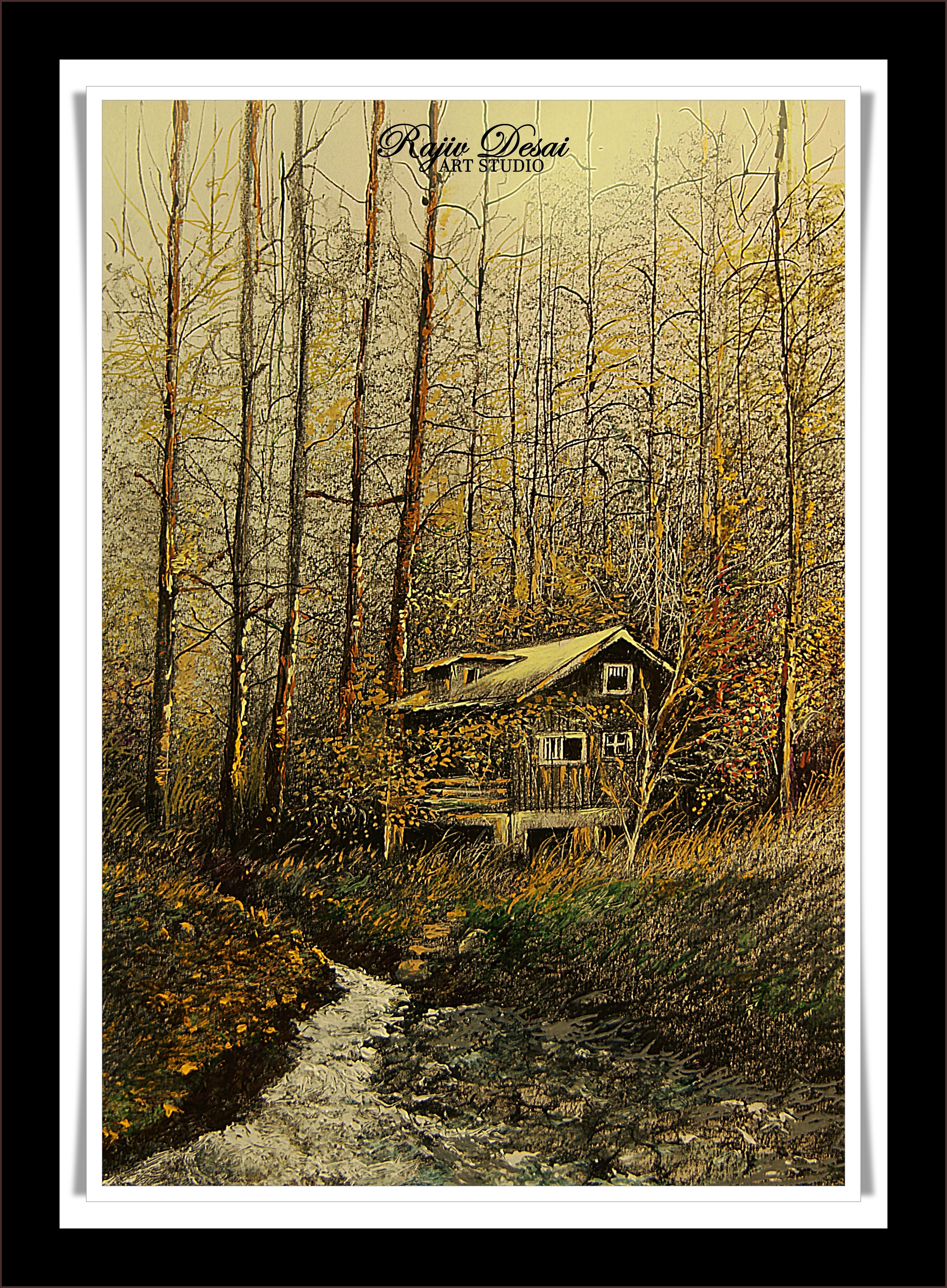 A touch of season change from lush green to golden and yellow colors around a rustic cabin